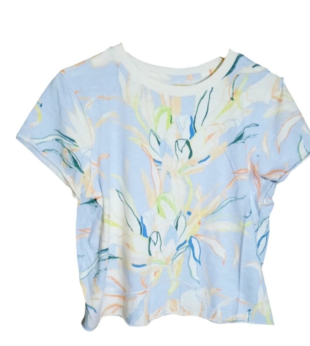 Maeve Anthropologie Womens Blue & Soft Orange Boxy Raw Edge Hem Tee Size S